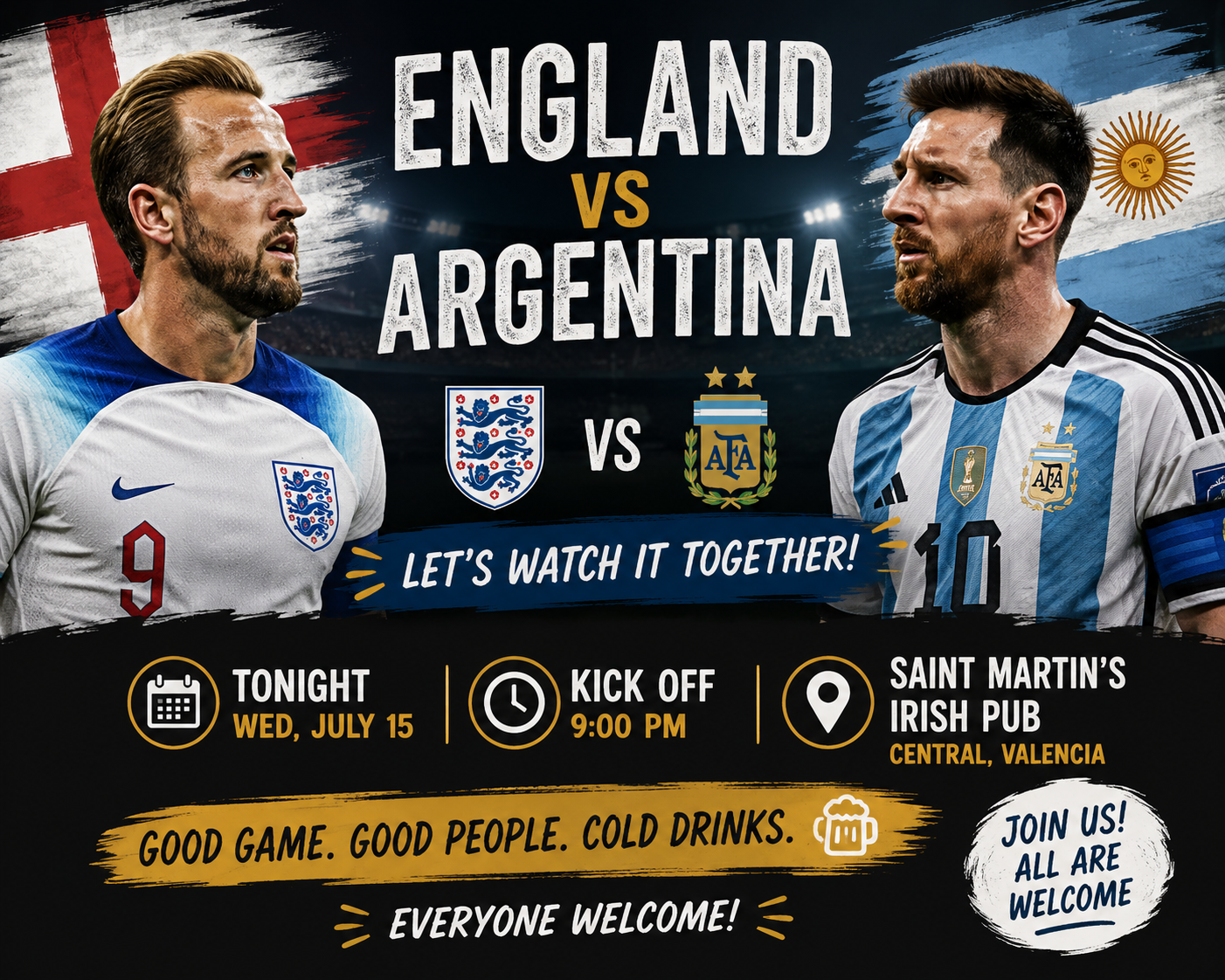 ⚽ England vs Argentina at Saint Martin’s Irish Pub — Valencia